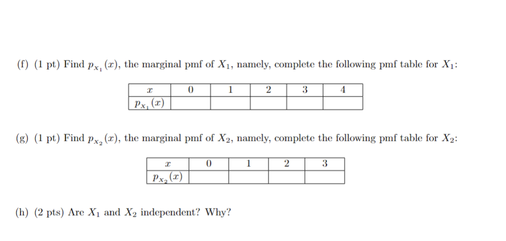 Solved (f) (1 pt) Find pX1(x), the marginal pmf of X1, | Chegg.com