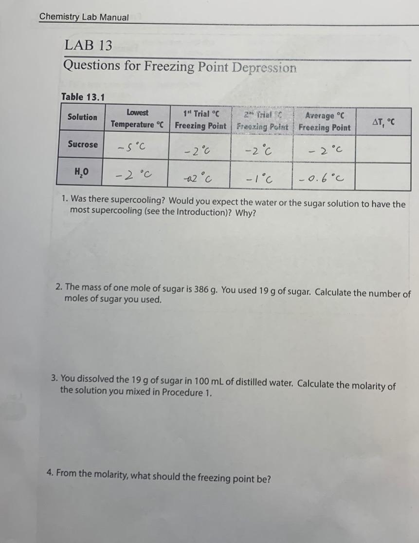 Solved Freezing Point Depression LAB 13 FREEZING POINT