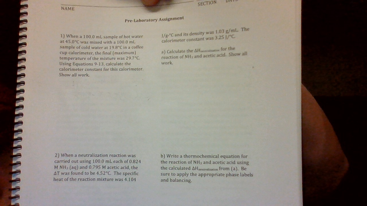 Solved DAT SECTION NAME Pre-Laboratory Assignment J/g °C and | Chegg.com