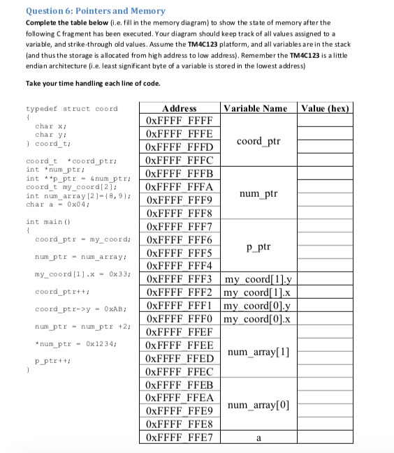 Solved Question 6: Pointersand Memory Complete the table | Chegg.com