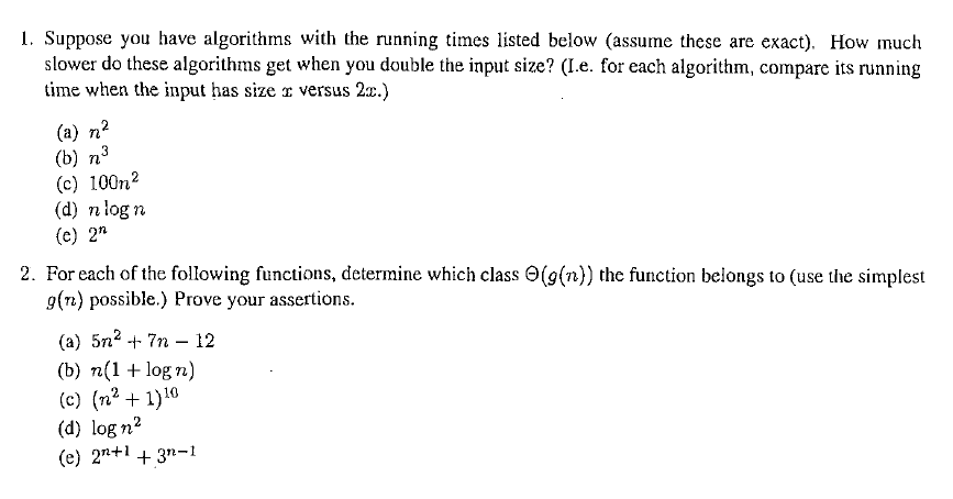 Solved 1. Suppose you have algorithms with the running times | Chegg.com