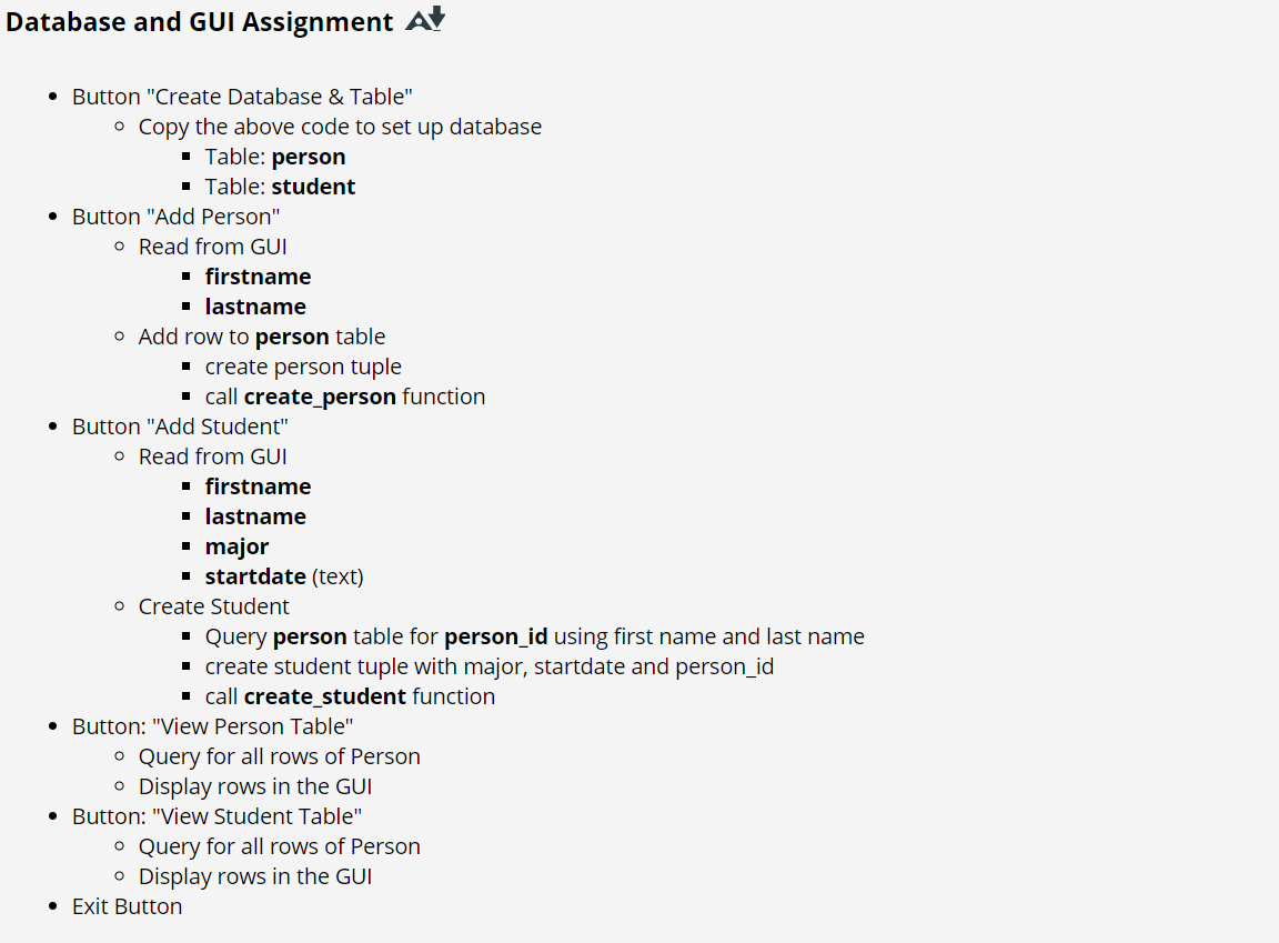 Database and GUI Assignment A • Button 