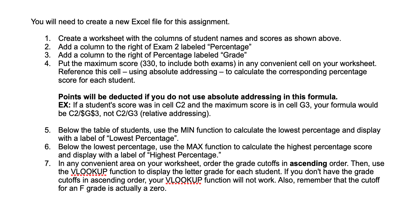 You will need to create a new Excel file for this assignment.
1. Create a worksheet with the columns of student names and sco