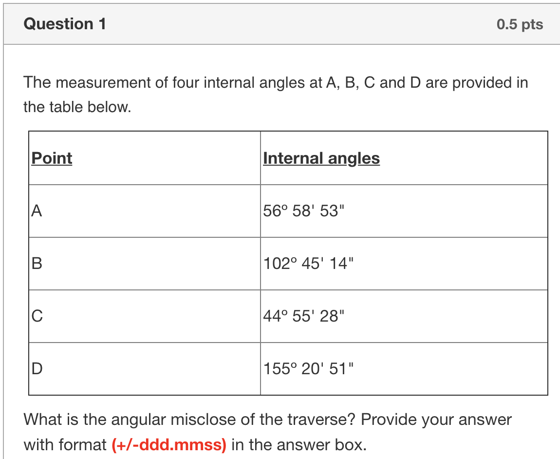 Solved Question 1 0.5 pts The measurement of four internal | Chegg.com