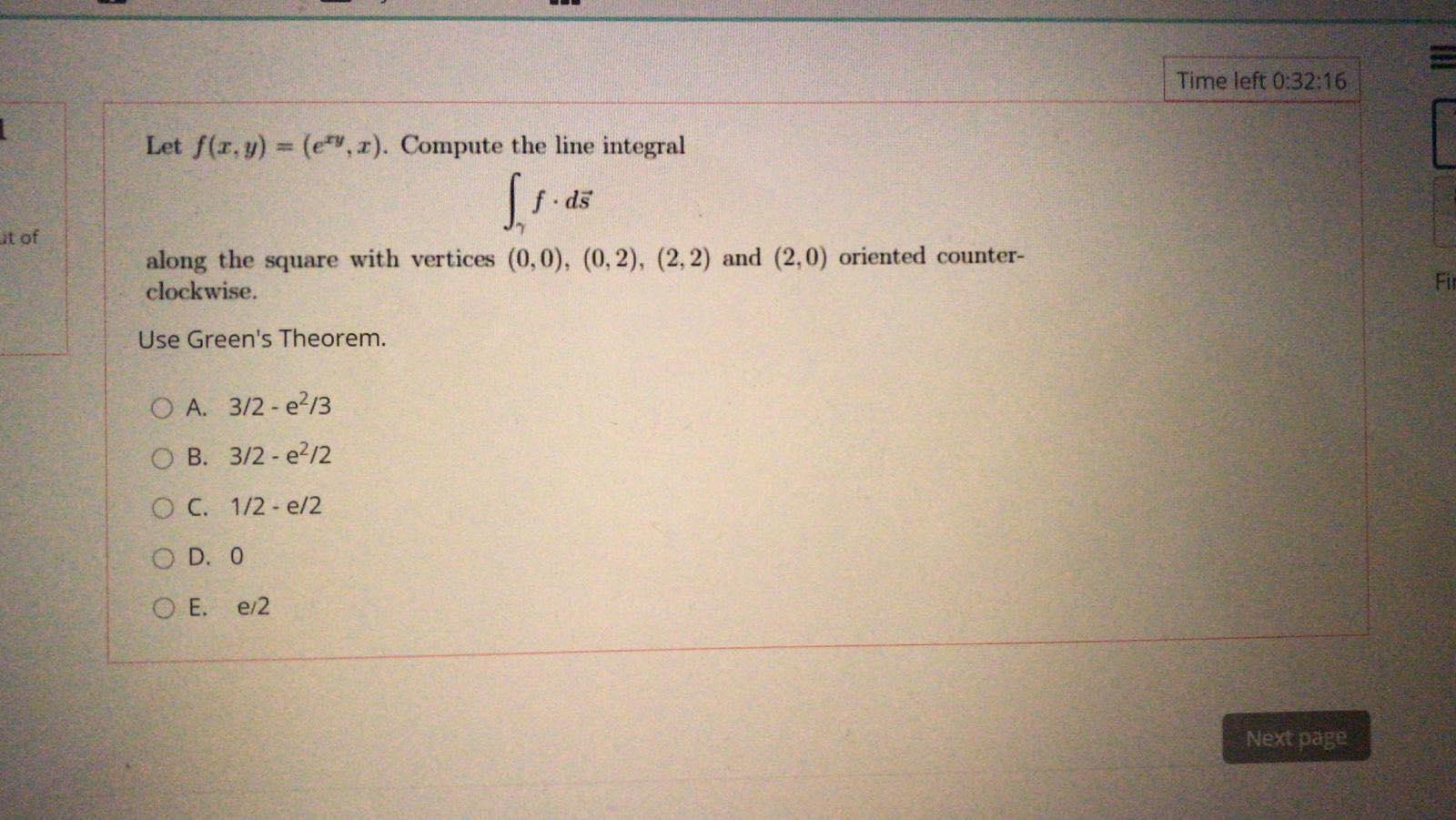 Solved Time Left 0:32:16 1 Let F(x,y) = (e"...). Compute The | Chegg.com