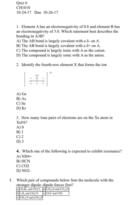 Solved uiz CH1010 10 24 17 Due 10 26 17 1. Element A has an