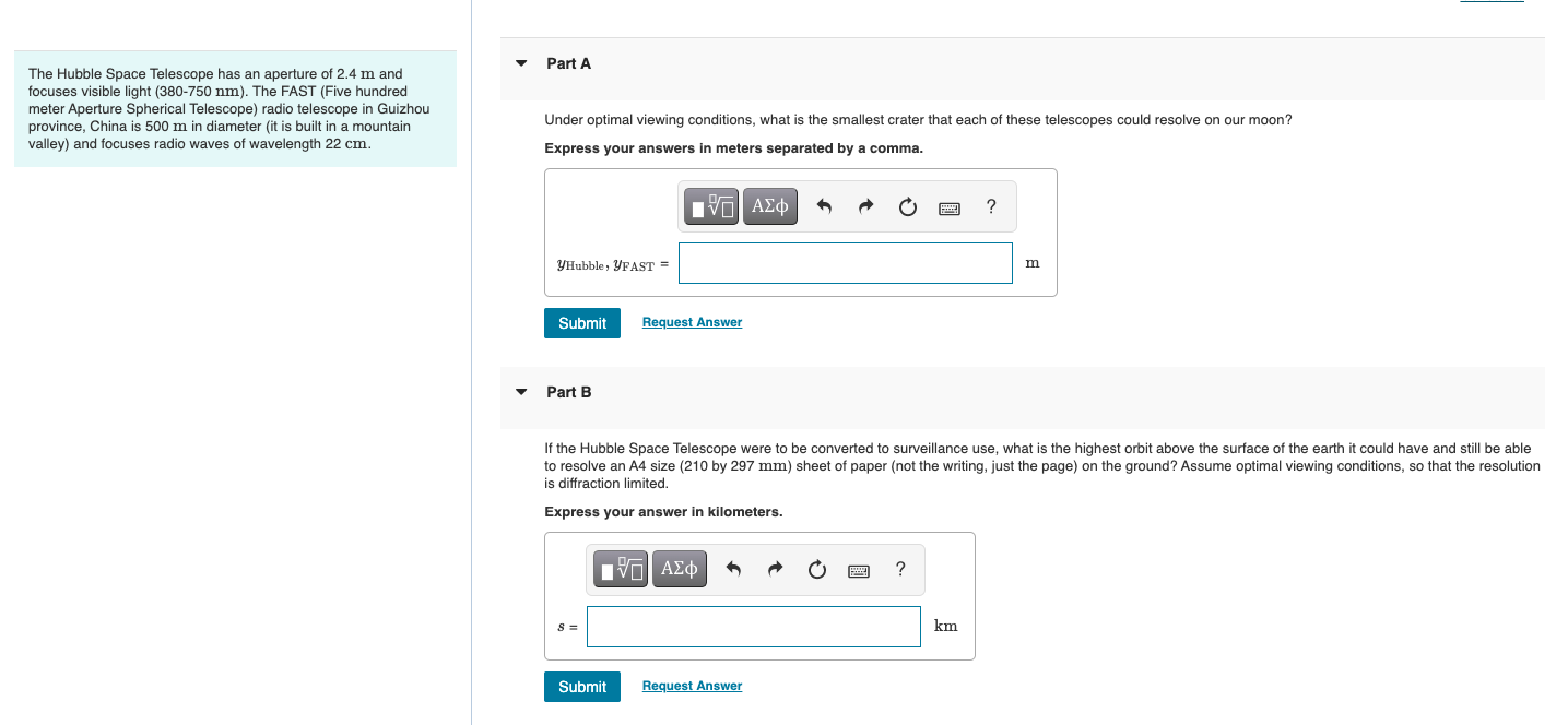 Solved Part A The Hubble Space Telescope has an aperture of | Chegg.com