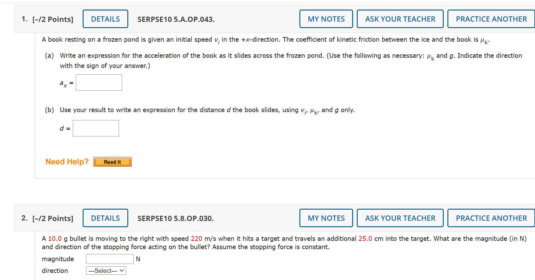 Solved 1. [-/2 Points] DETAILS SERPSE10 5.A.OP.043. MY NOTES | Chegg.com