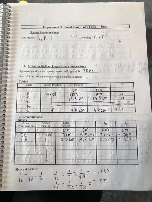 Experiment 55 Focal Length of a Lens Data Converging