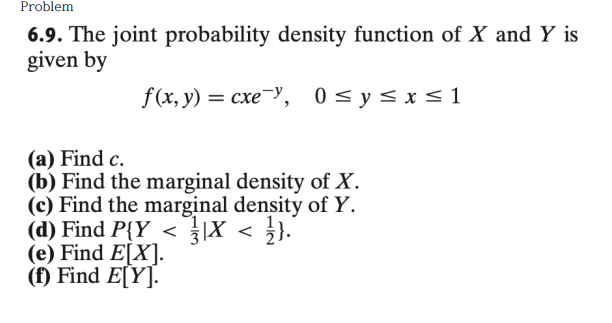 Solved 6.9. The joint probability density function of X and | Chegg.com