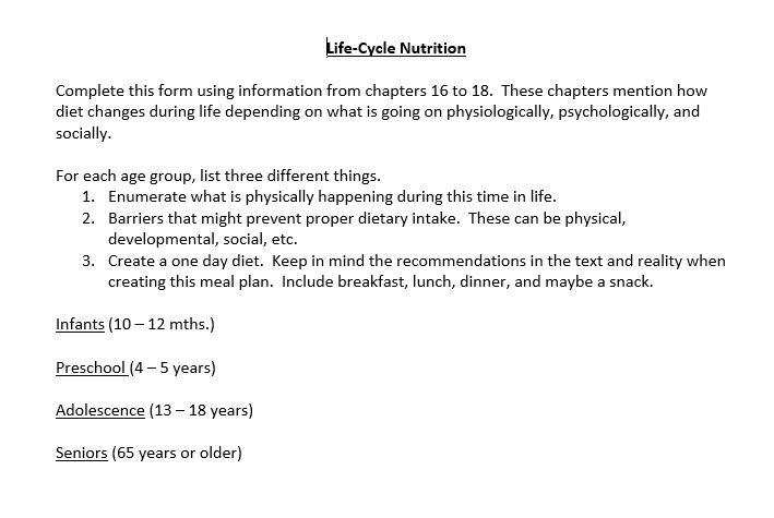 Solved Life-Cycle Nutrition Complete This Form Using | Chegg.com