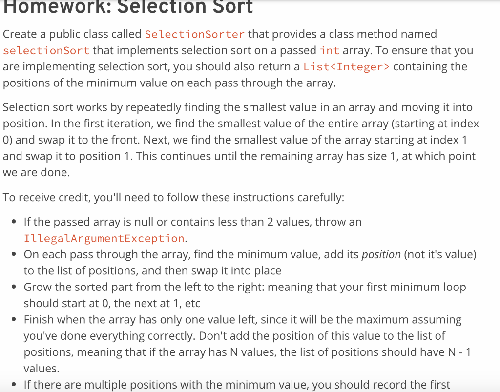 Solved Homework: Selection Sort Create a public class called | Chegg.com