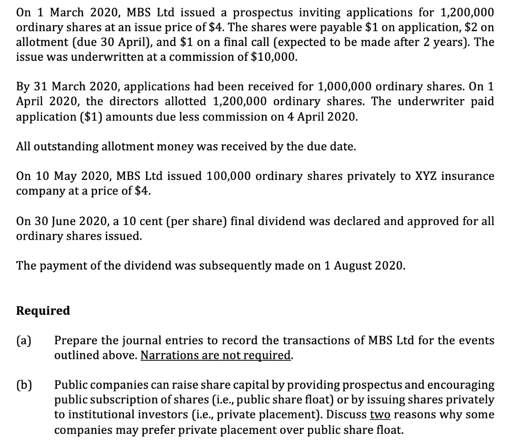 Solved On 1 March Mbs Ltd Issued A Prospectus Inviting Chegg Com