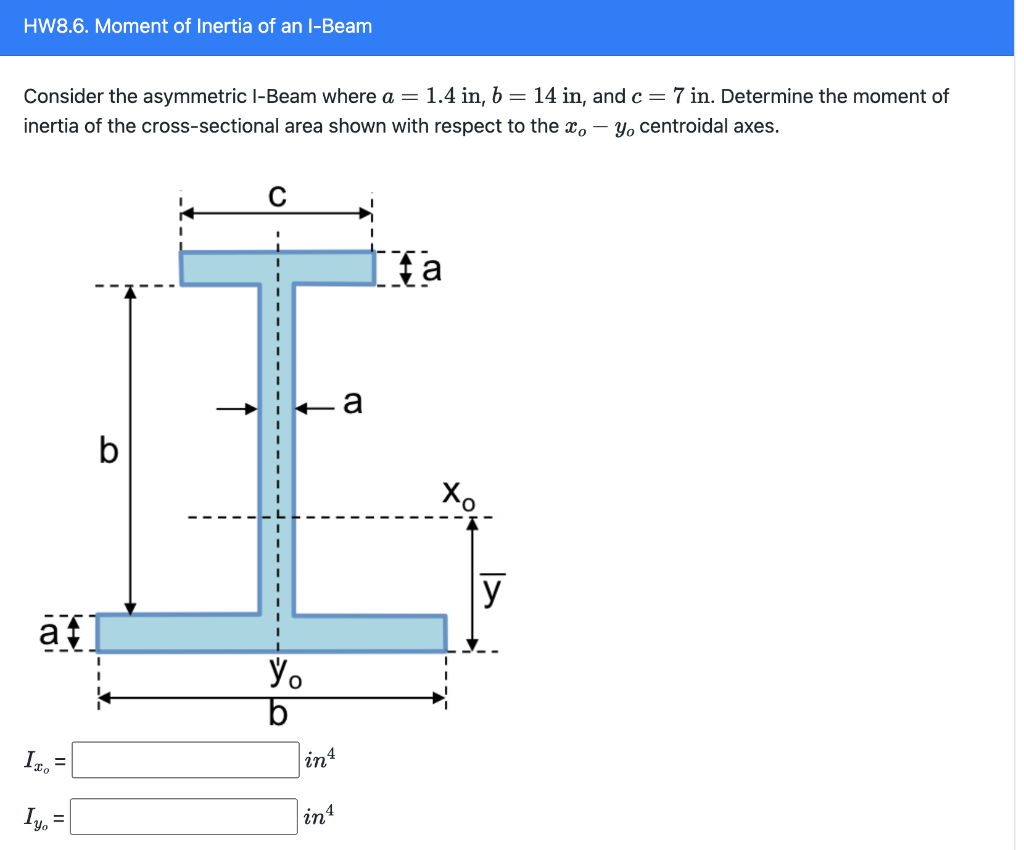 Consider the asymmetric ?-Beam where \( a=1.4 \mathrm{in}, b=14 \mathrm{in} \), and \( c=7 \) in. Determine the moment of ine