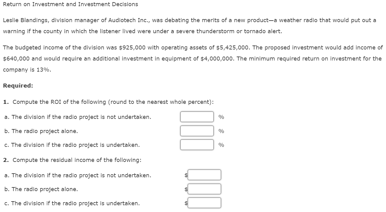 Solved Return On Investment And Investment Decisions Leslie | Chegg.com