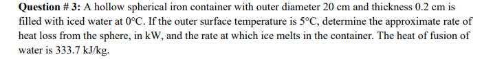 Solved Question \# 3: A hollow spherical iron container with | Chegg.com