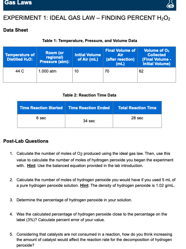 Solved Gas Laws EXPERIMENT 1 IDEAL GAS LAW FINDING