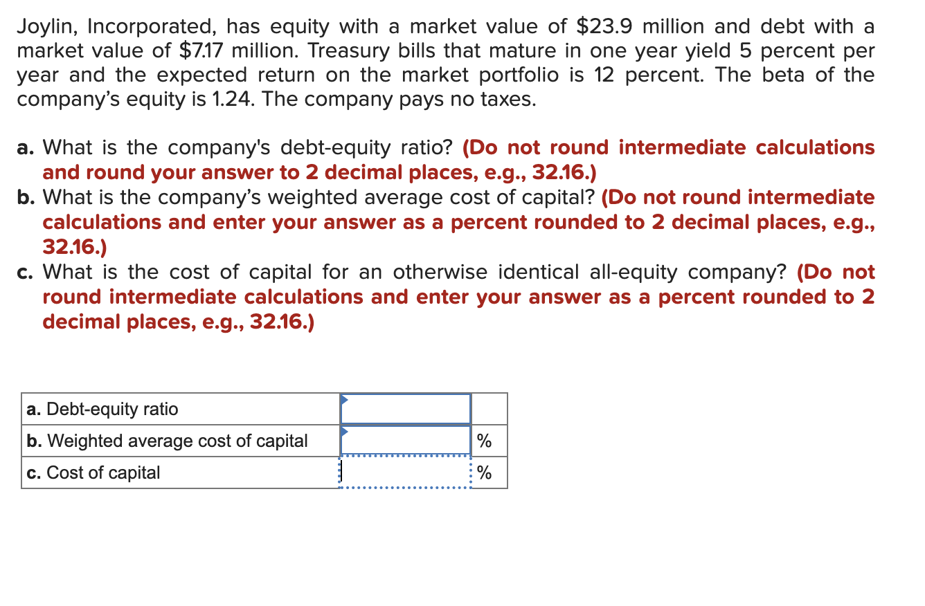 Solved Joylin, Incorporated, has equity with a market value