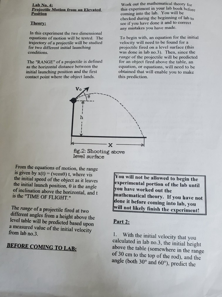 Solved Lab No 4 Projectile Motion From An Elevated 2615