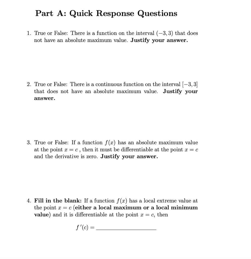 Solved Part A Quick Response Questions 1 True Or False Chegg