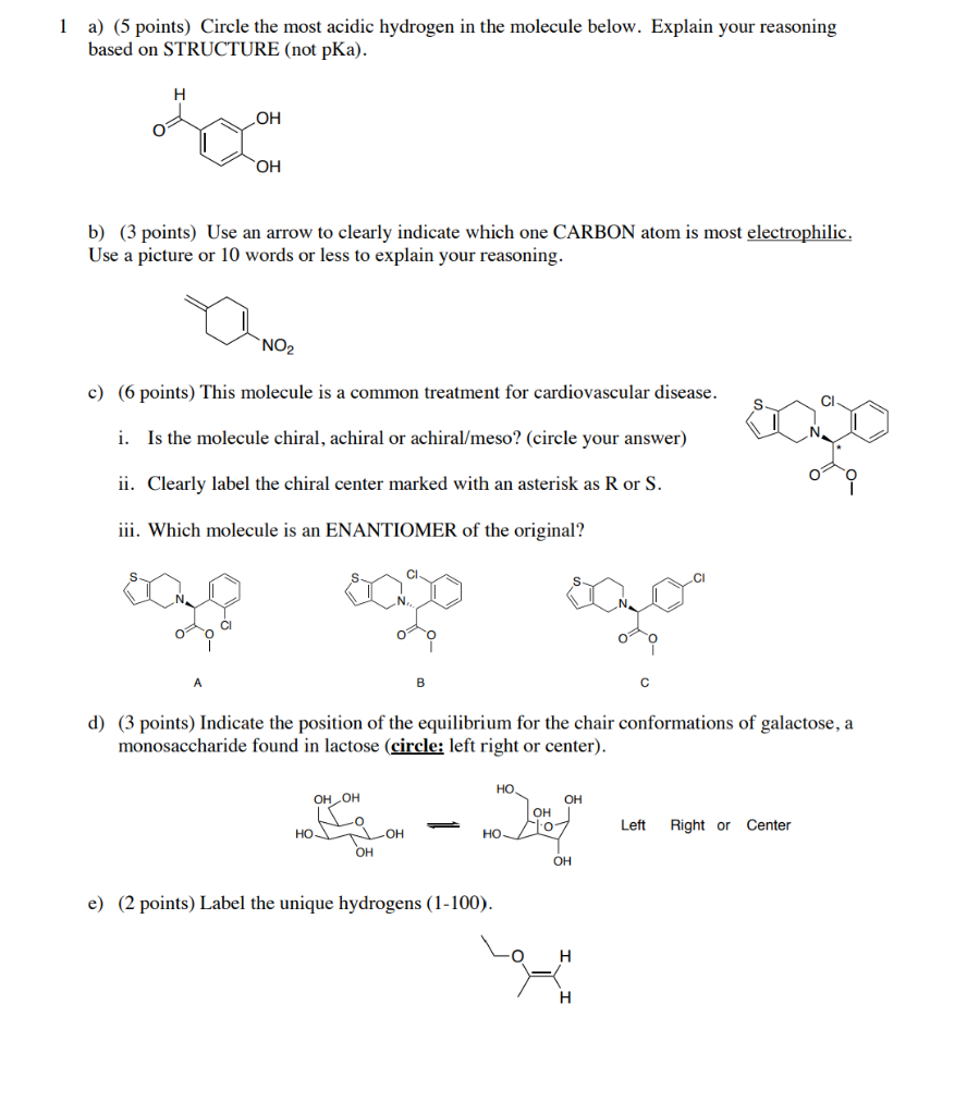 Solved 1 a) (5 points) Circle the most acidic hydrogen in | Chegg.com