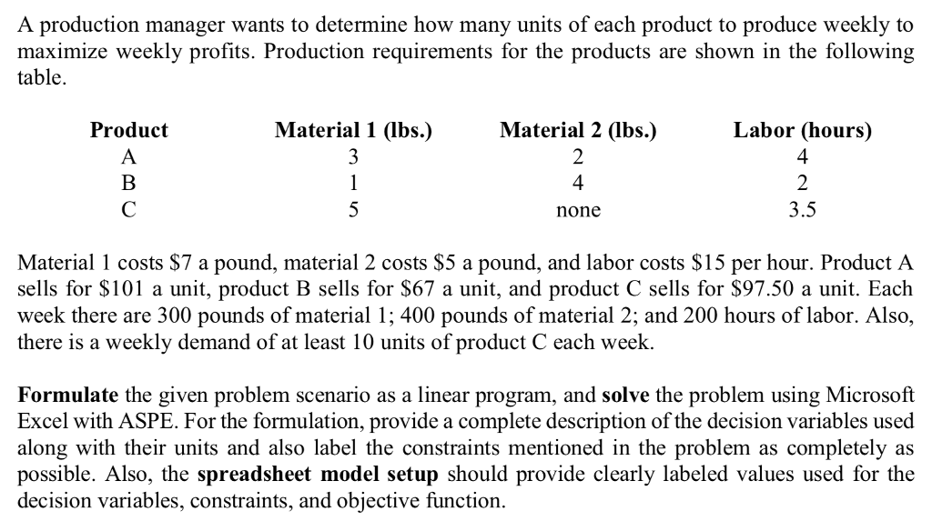 Solved A production manager wants to determine how many | Chegg.com