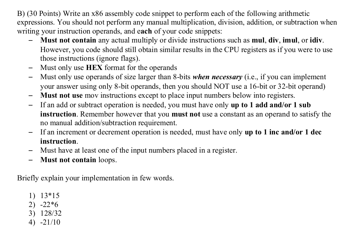 Solved B) (30 Points) Write an x86 assembly code snippet to | Chegg.com