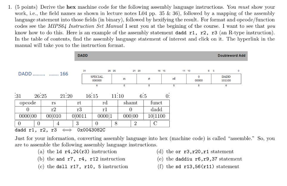 Solved (5 points) Derive the hex machine code for the | Chegg.com