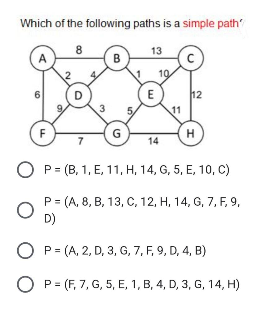 Solved Which of the following paths is a simple path 8 O A F | Chegg.com