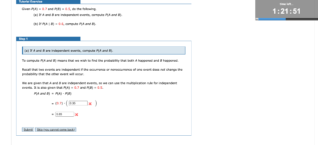 Solved Tutorial Exercise Time Left Given P(A) = 0.7 And P(B) | Chegg.com