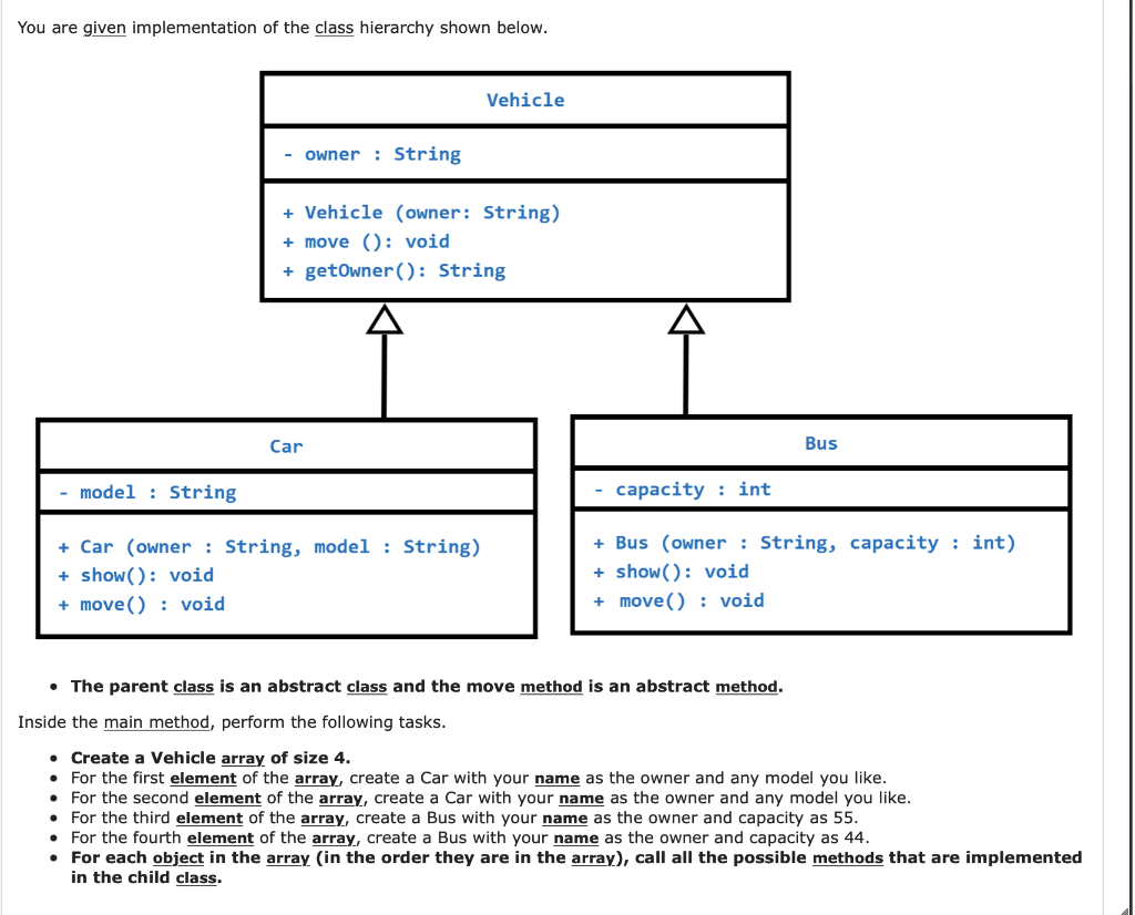 Solved You are given implementation of the class hierarchy | Chegg.com
