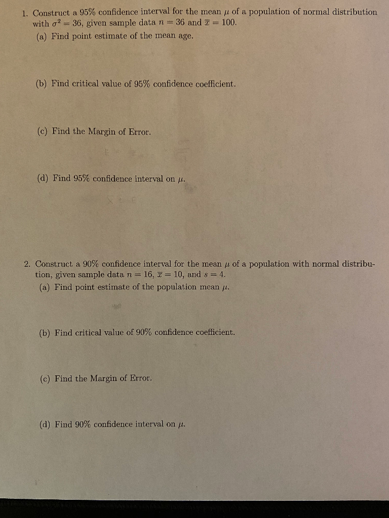 Solved 1. Construct a 95% confidence interval for the mean y | Chegg.com