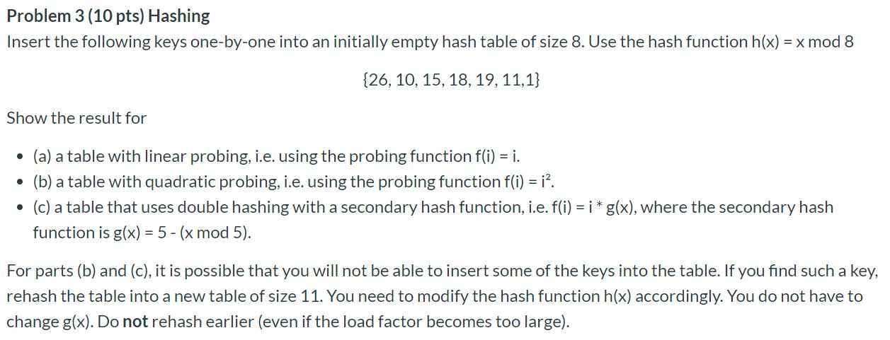 Solved Problem 3 10 Pts Hashing Insert Following Keys One One Initially Empty Hash Table Size 8 U Q4477
