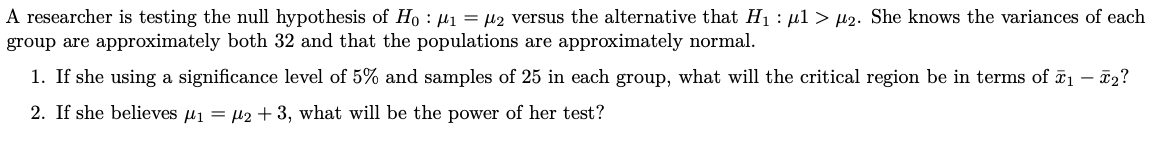 Solved A researcher is testing the null hypothesis of Ho: Mi | Chegg.com