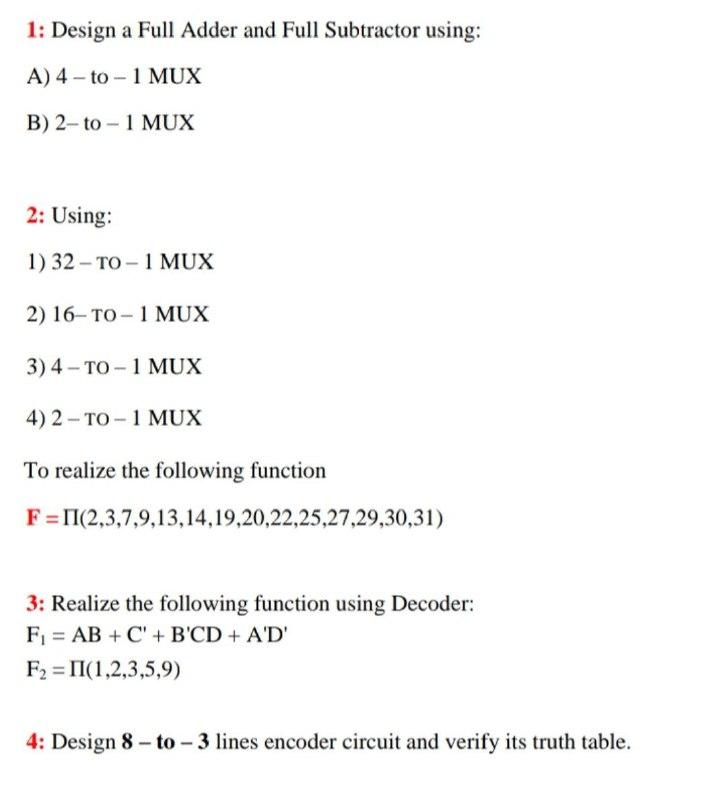 1: Design a Full Adder and Full Subtractor using: A) | Chegg.com