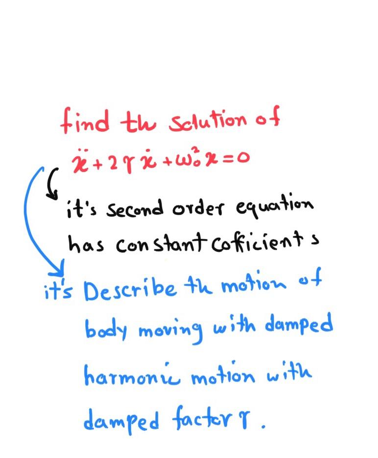 find th Solution of
x + 27x+w²x = 0
S
its second order equation
has constant Cofficients
its Describe th motion of
body mov
