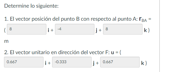 Determine lo siguiente: 1. El vector posición del punto \( \mathrm{B} \) con respecto al punto \( \mathrm{A}: \mathbf{r}_{\ma