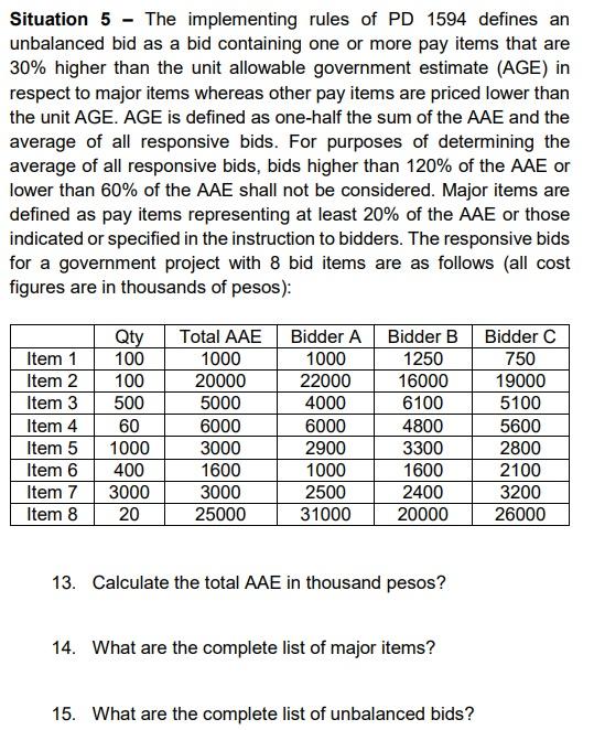 Solved Situation 5 - The Implementing Rules Of PD 1594 | Chegg.com