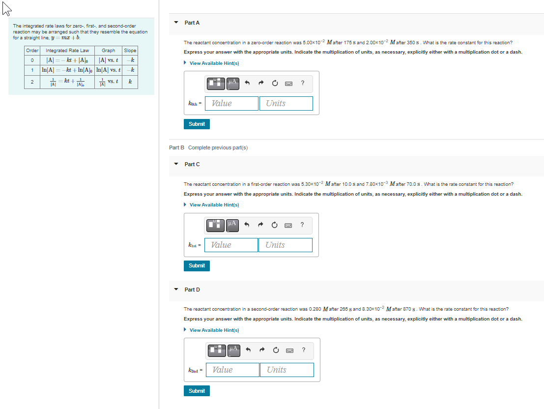 Solved The integrated rate laws for zero-, first-, and | Chegg.com