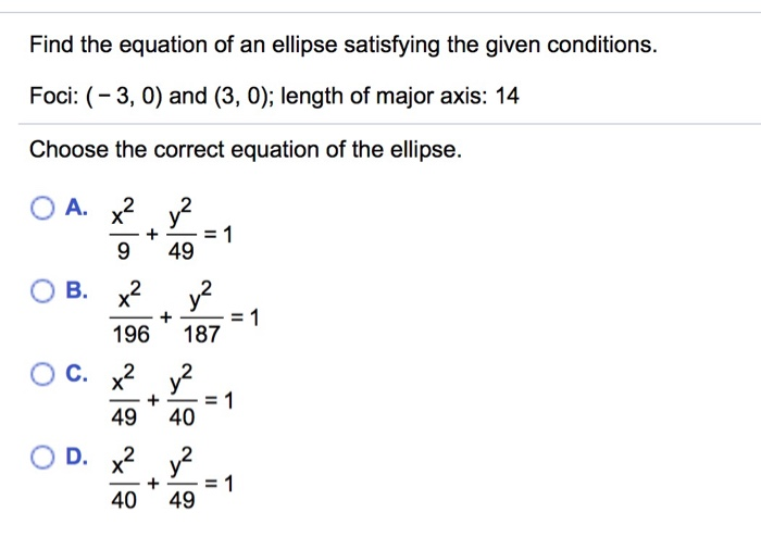 Solved Find the equation of an ellipse satisfying the given | Chegg.com