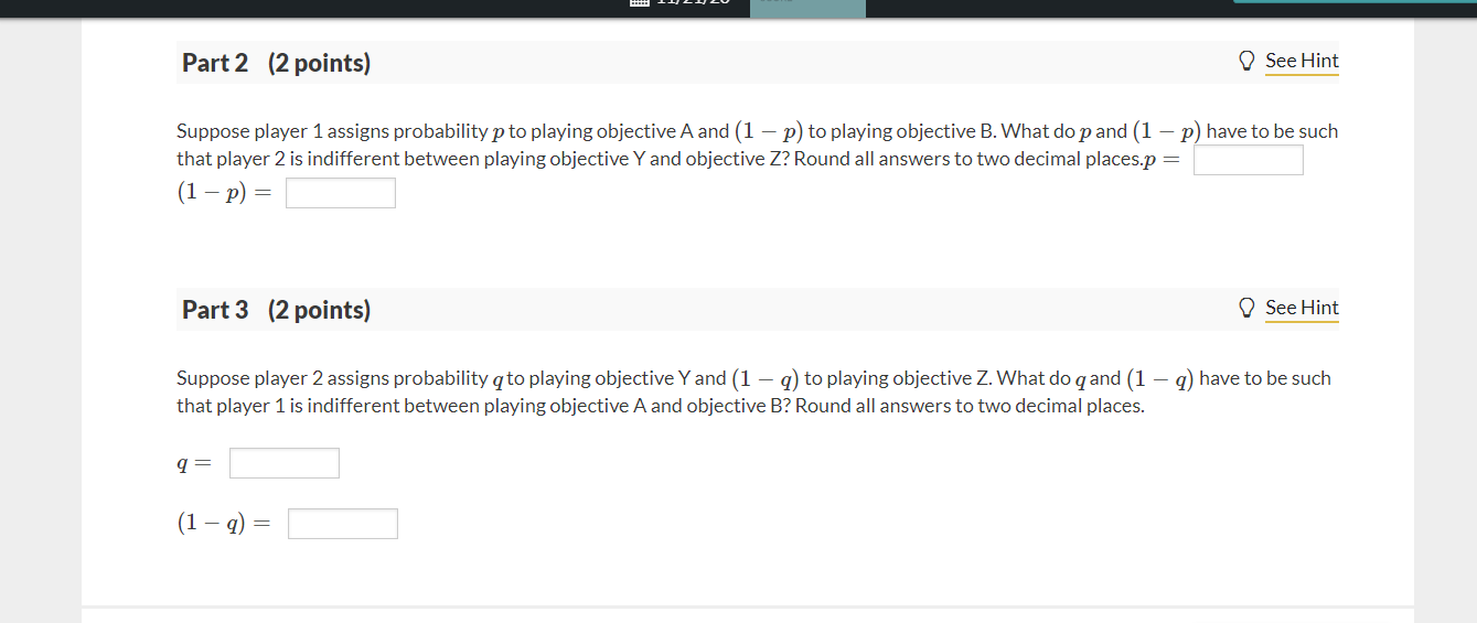 Solved 11 Question (5 points) e See page 565 Player 1 and | Chegg.com