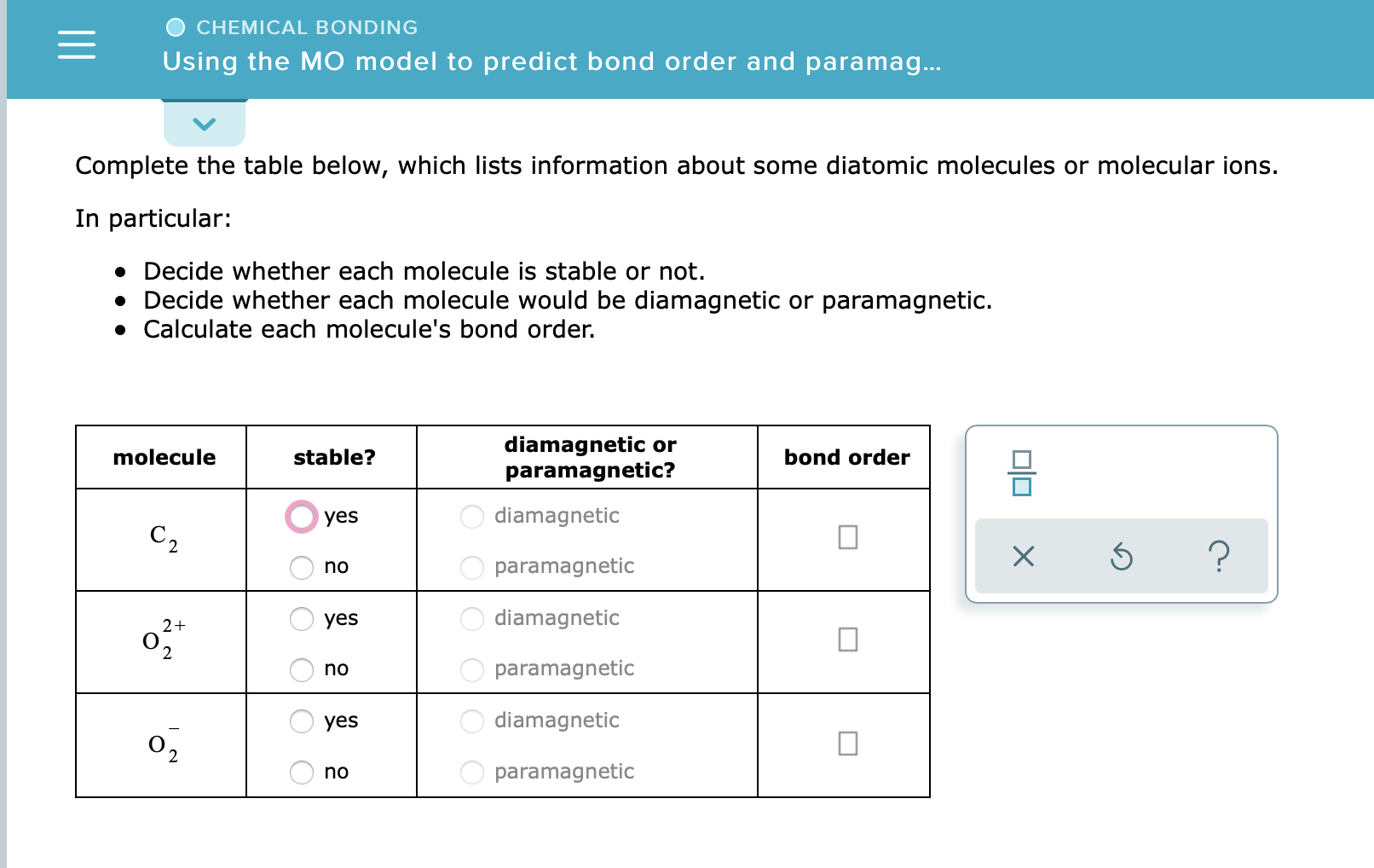 Solved O CHEMICAL BONDING Using the MO model to predict bond | Chegg.com