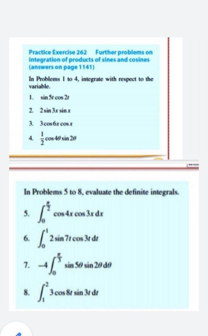 Solved Practice Exercise 262 Further problems on integration | Chegg.com