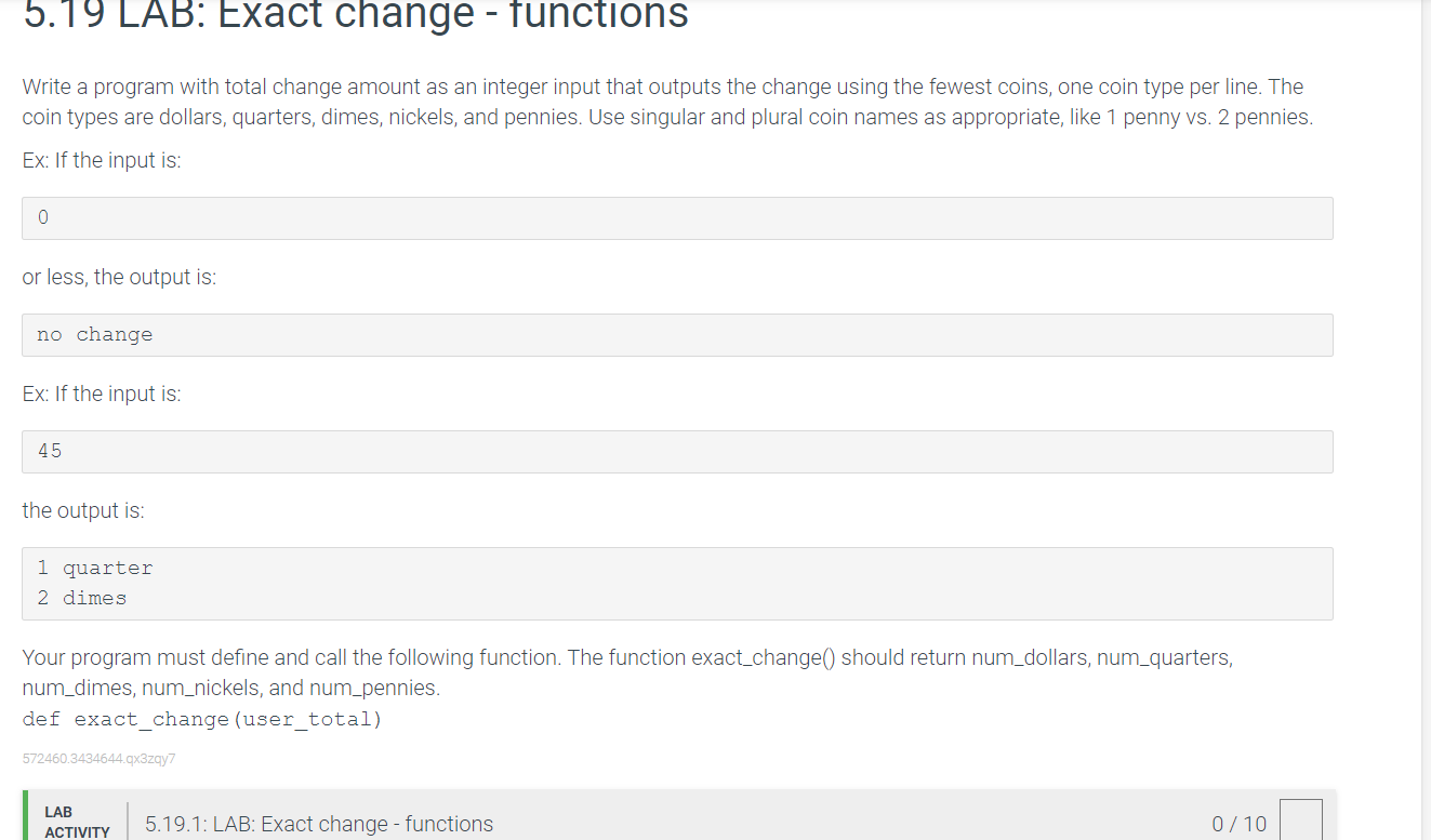 Solved 5.19 ﻿LAB: Exact change - ﻿tunctionsWrite a program | Chegg.com