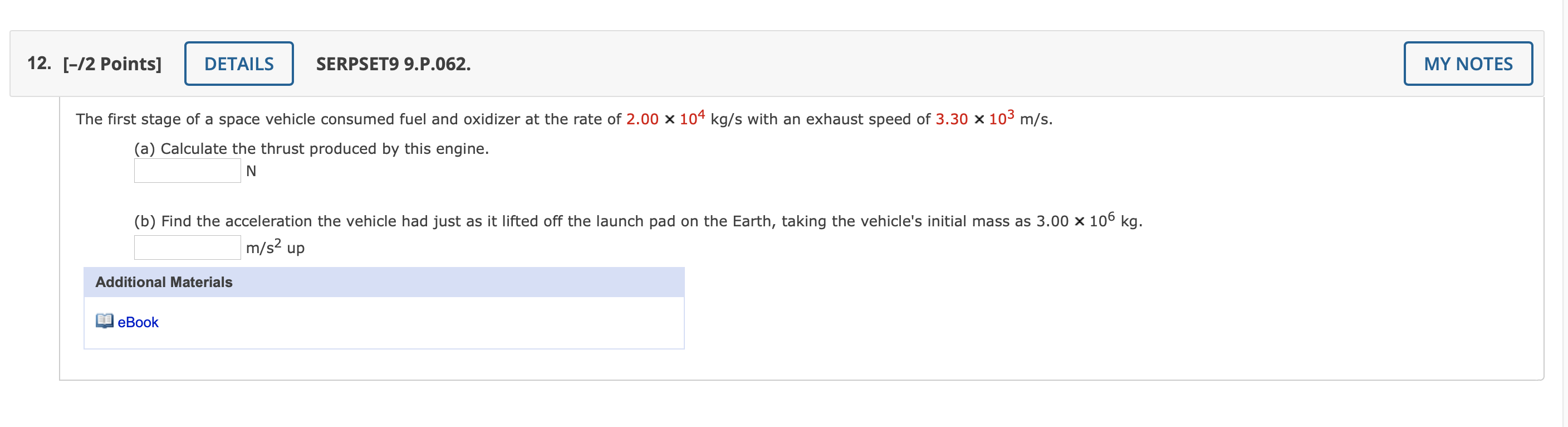 Solved 12. [-/2 Points] DETAILS SERPSET9 9.P.062. MY NOTES | Chegg.com