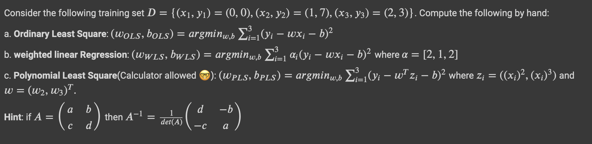 Solved Consider the following training set | Chegg.com