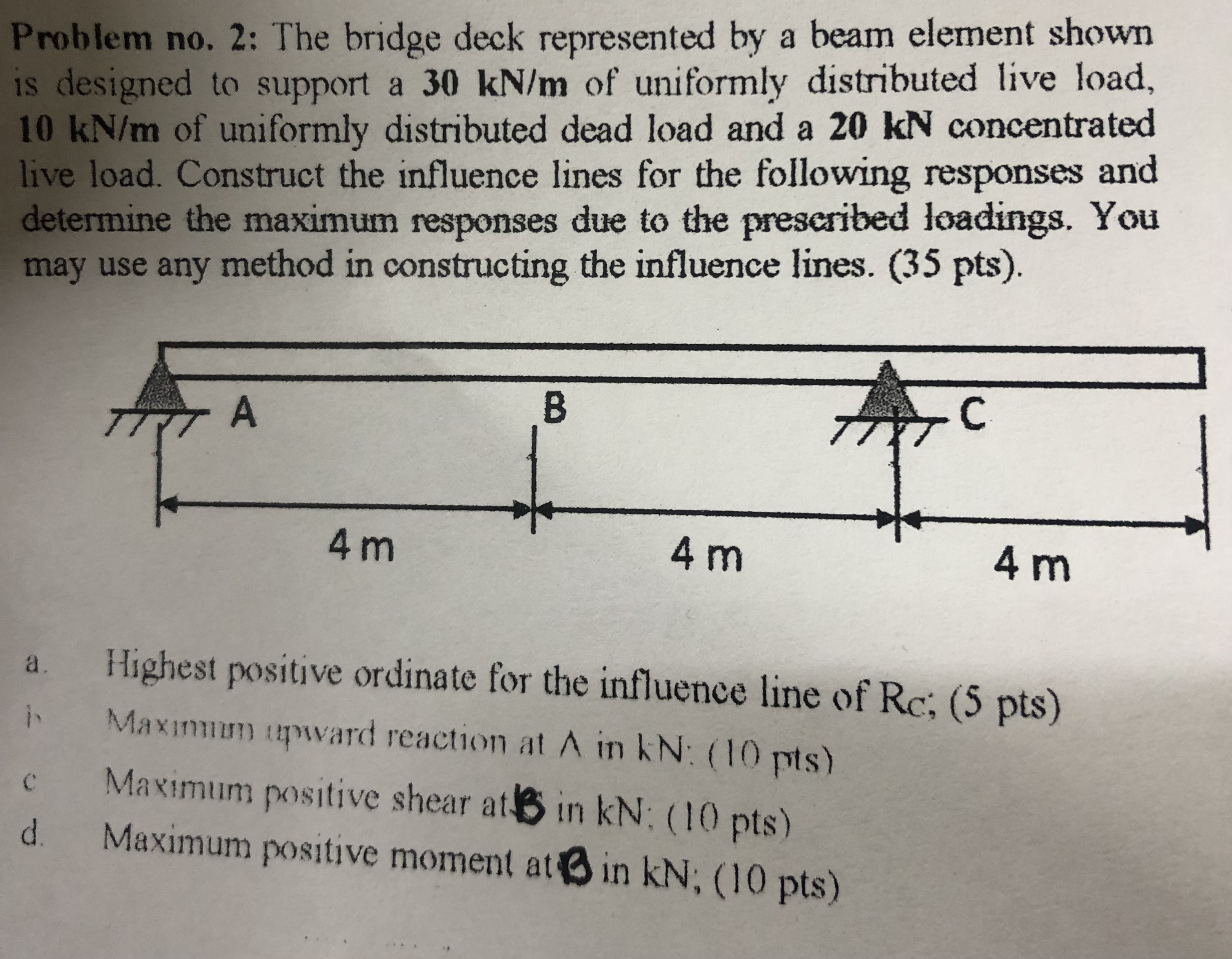 Solved Problem no. 2: The bridge deck represented by a beam | Chegg.com