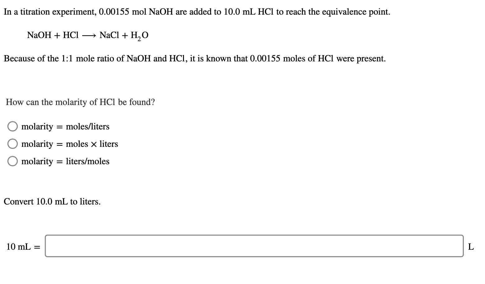 Solved In a titration experiment, 0.00155 mol NaOH are added | Chegg.com