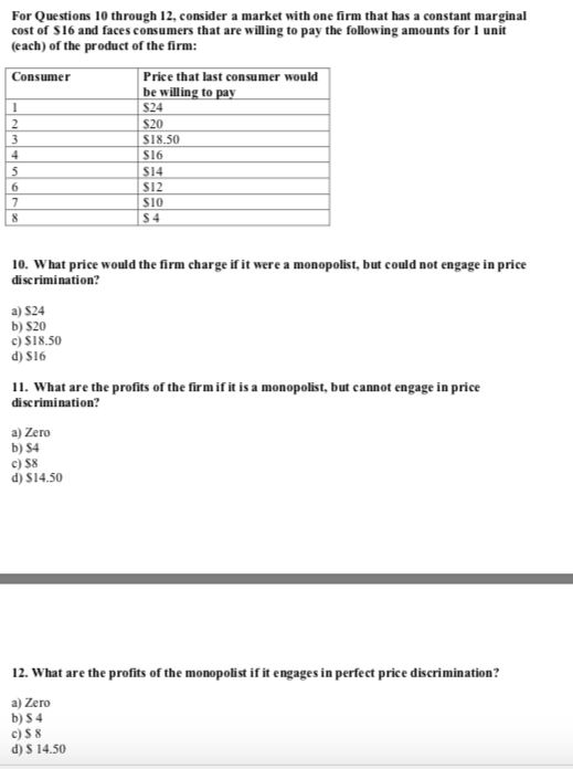 Solved For Questions 10 through 12, consider a market with | Chegg.com