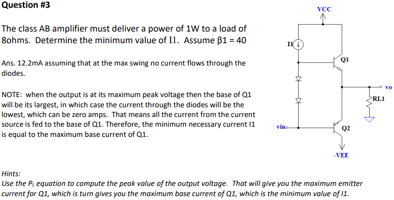 Solved The Class AB Amplifier Must Deliver A Power Of 1W To | Chegg.com